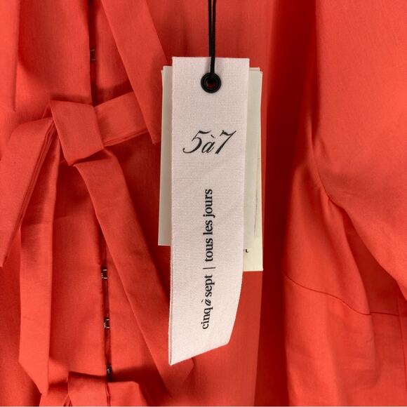 NWT CINQ A SEPT Lynn Dress Neon Coral Orange Ruffle Puff Sleeve Bow Tiered 8 - Picture 7 of 9